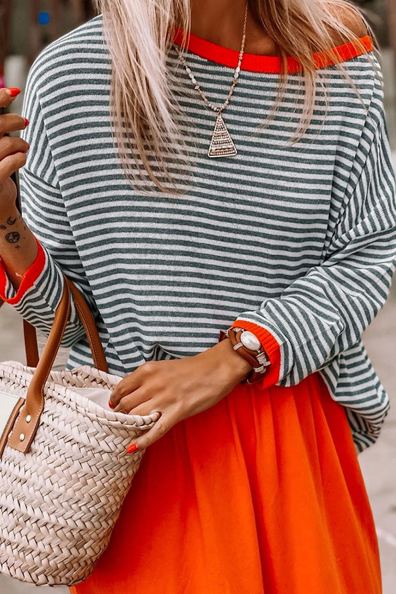Orange-Trim Striped Blouse for a Stylish Look