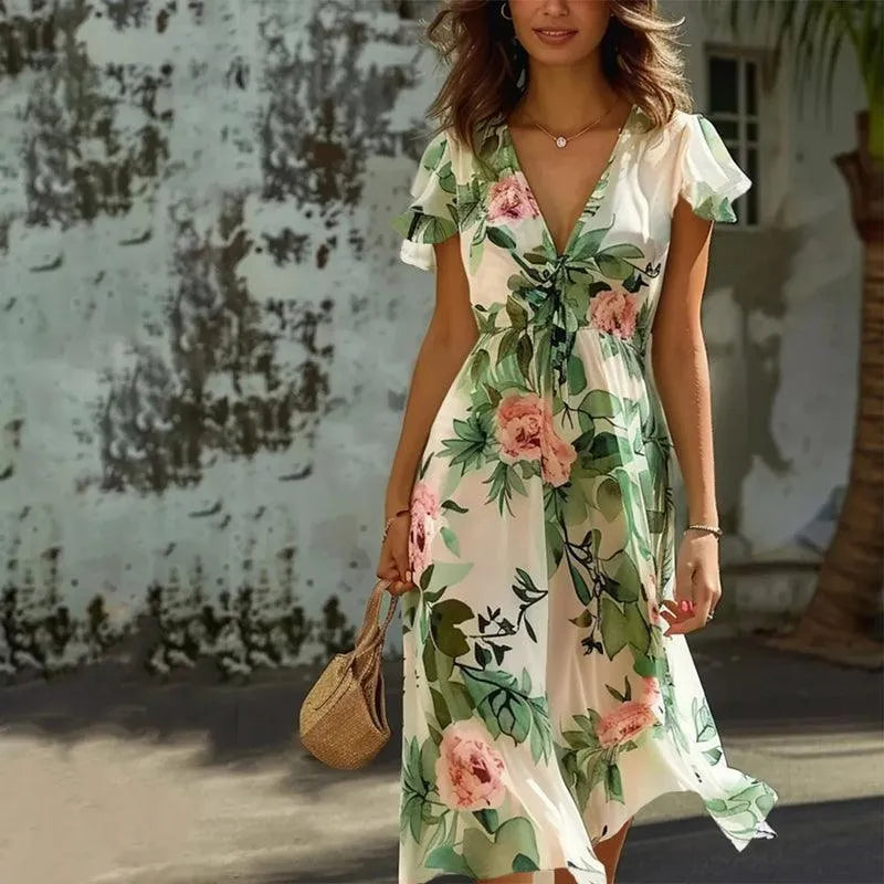 Green Floral Midi Dress for Women – Elegant Design