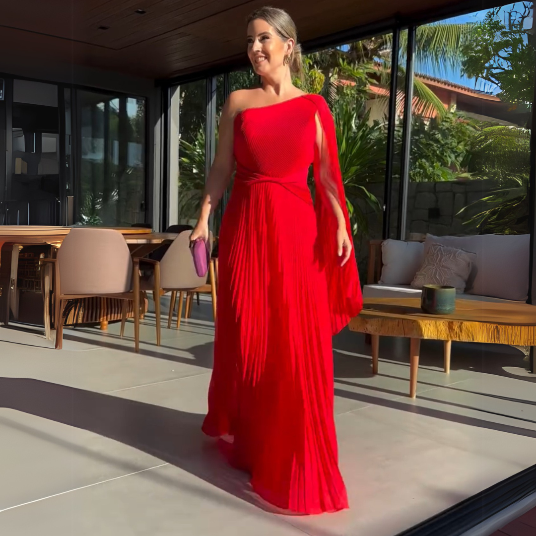 Asymmetrical Pleated Maxi Dress with Side Cape for Elegant Movement