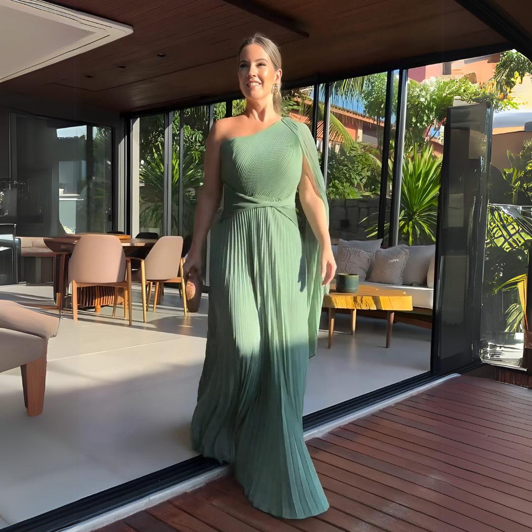 Asymmetrical Pleated Maxi Dress with Side Cape for Elegant Movement