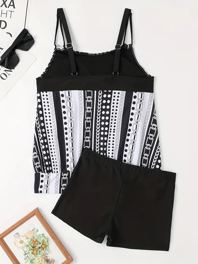 Striped and Polka Dot Ivy Tankini with High Elasticity