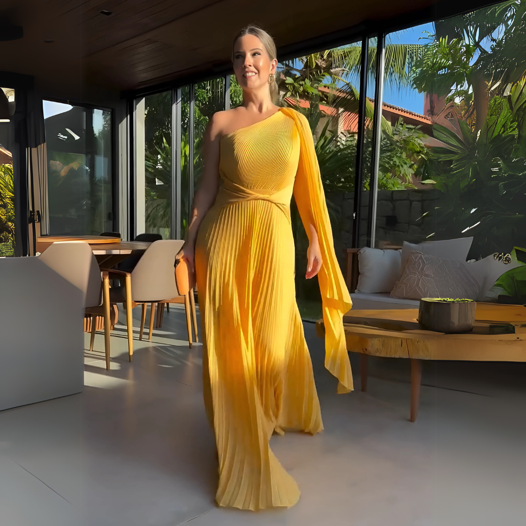 Asymmetrical Pleated Maxi Dress with Side Cape for Elegant Movement