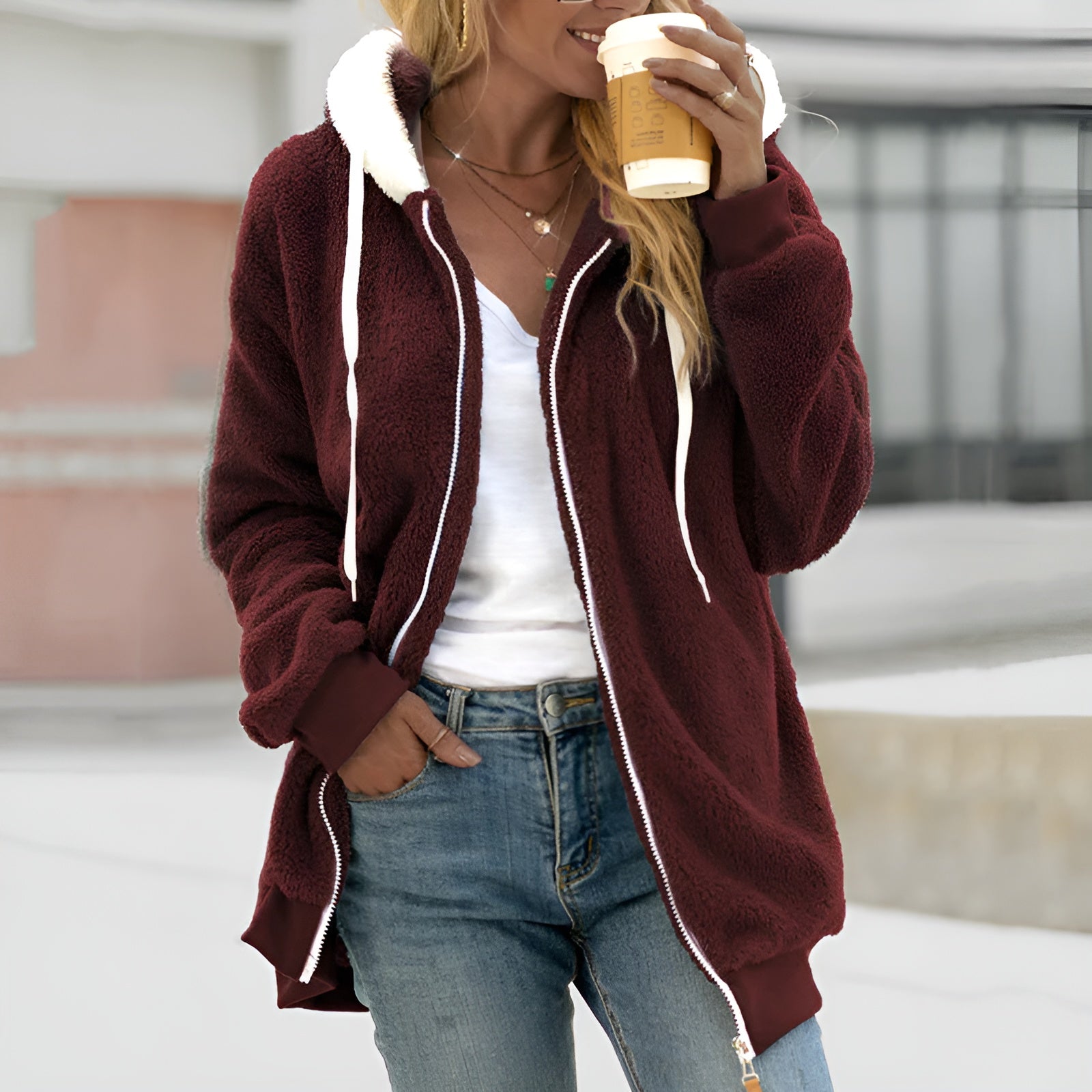 Women's Oversized Sherpa Fleece Zip-Up Hoodie