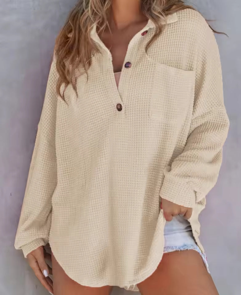 Waffle-Knit V-Neck Long-Sleeve Top for Women