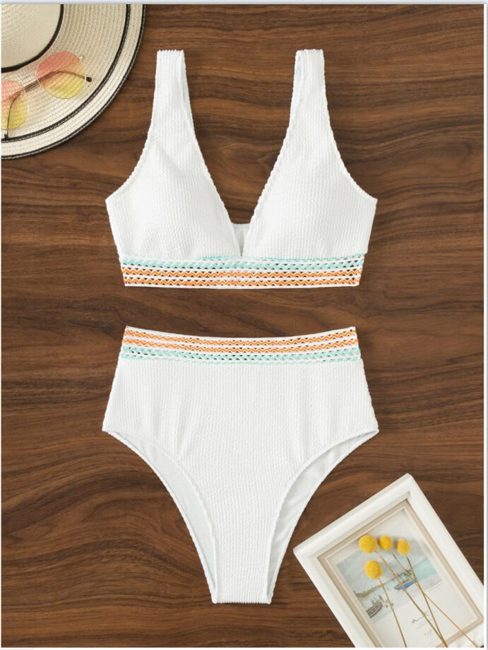 High-Waisted White Crochet Bikini Swimsuit