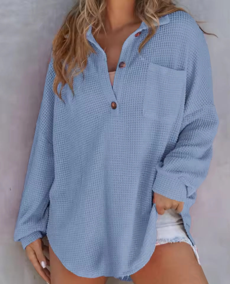 Waffle-Knit V-Neck Long-Sleeve Top for Women