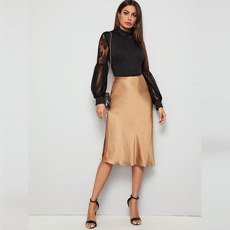 Black High Neck Lace Sleeve Top in Sheer Design