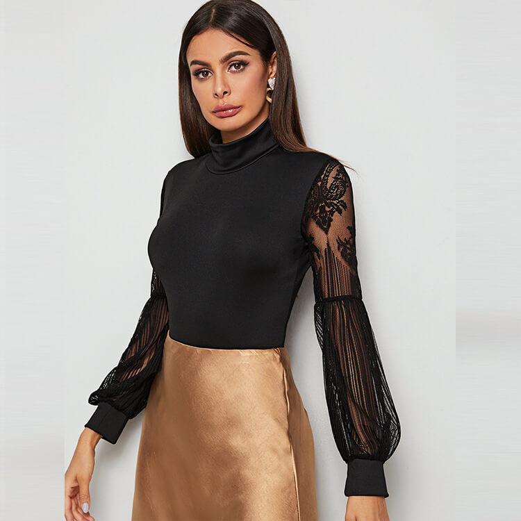 Black High Neck Lace Sleeve Top in Sheer Design
