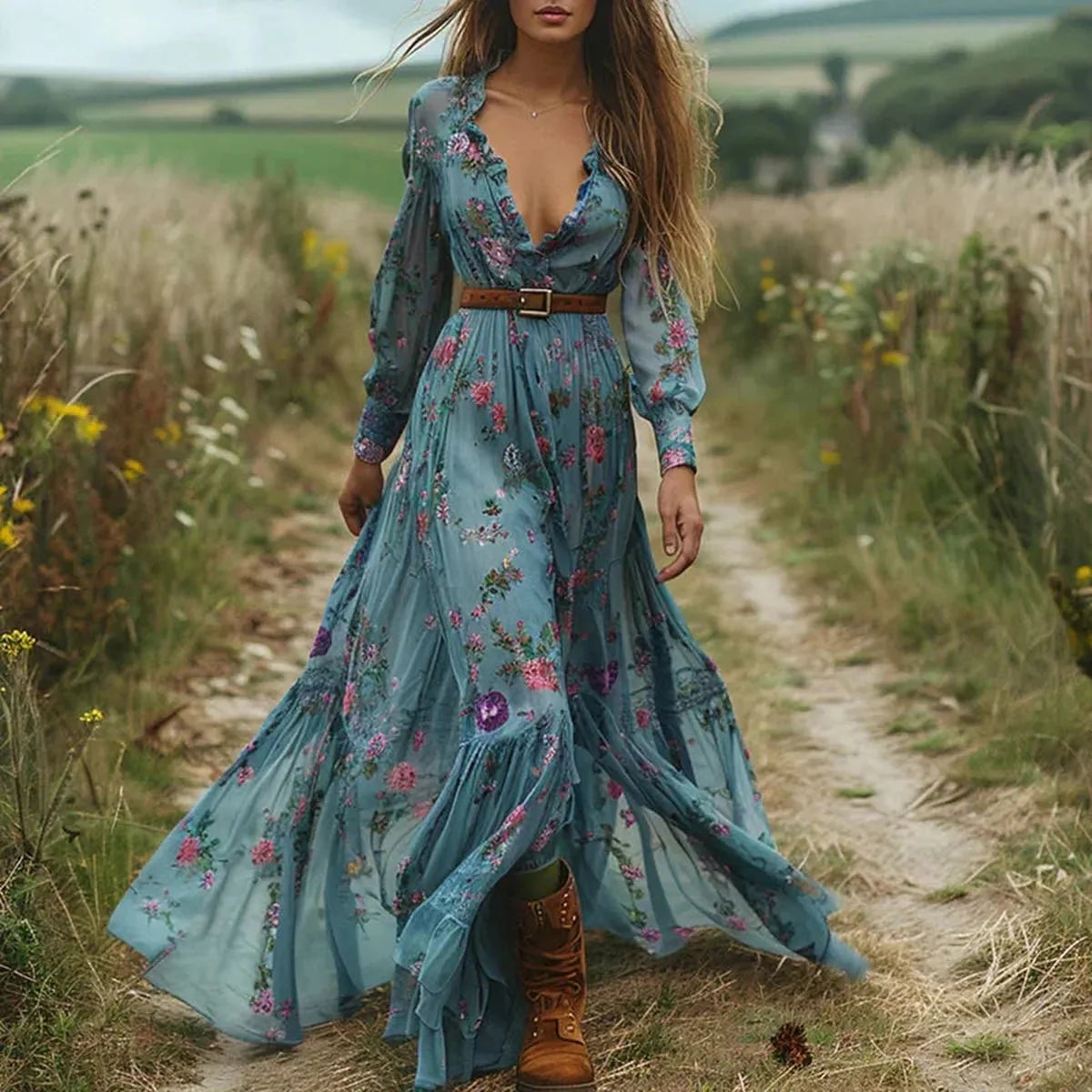 Boho Floral Maxi Dress with Long Sleeves
