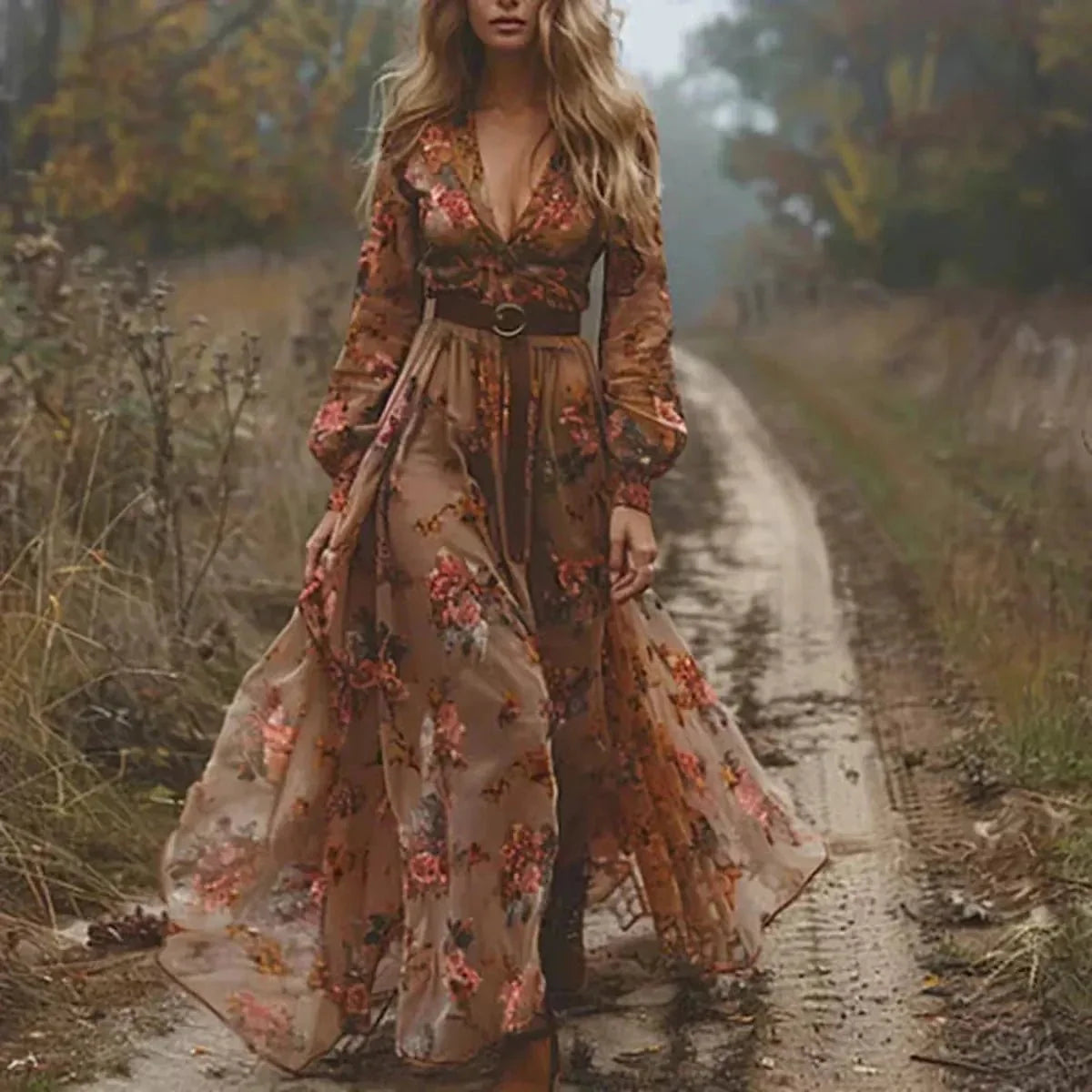 Boho Floral Maxi Dress with Long Sleeves