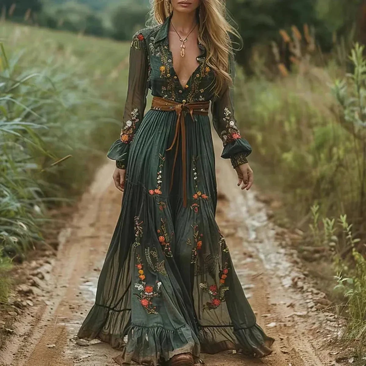 Boho Floral Maxi Dress with Long Sleeves