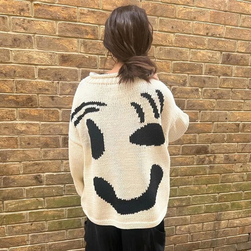 Extra Large Chunky Knit Sweater with Smiley Design