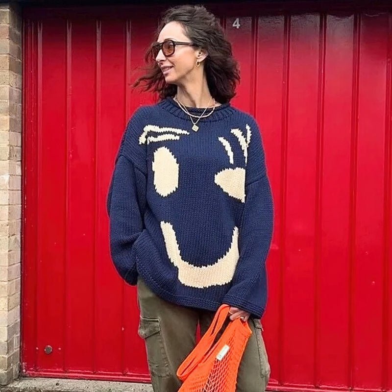 Extra Large Chunky Knit Sweater with Smiley Design