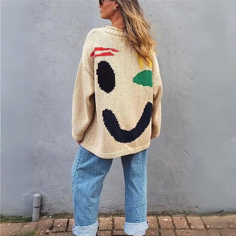 Extra Large Chunky Knit Sweater with Smiley Design