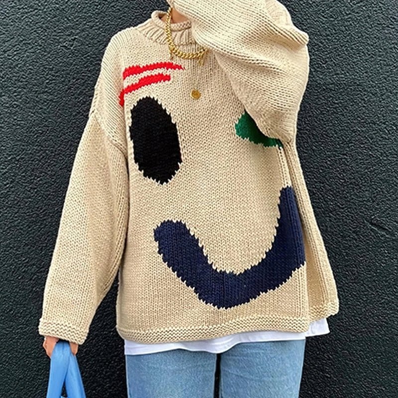 Extra Large Chunky Knit Sweater with Smiley Design