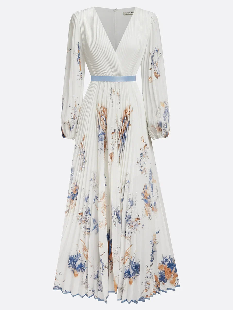 Watercolor Floral Pleated Maxi Dress with V-Neckline