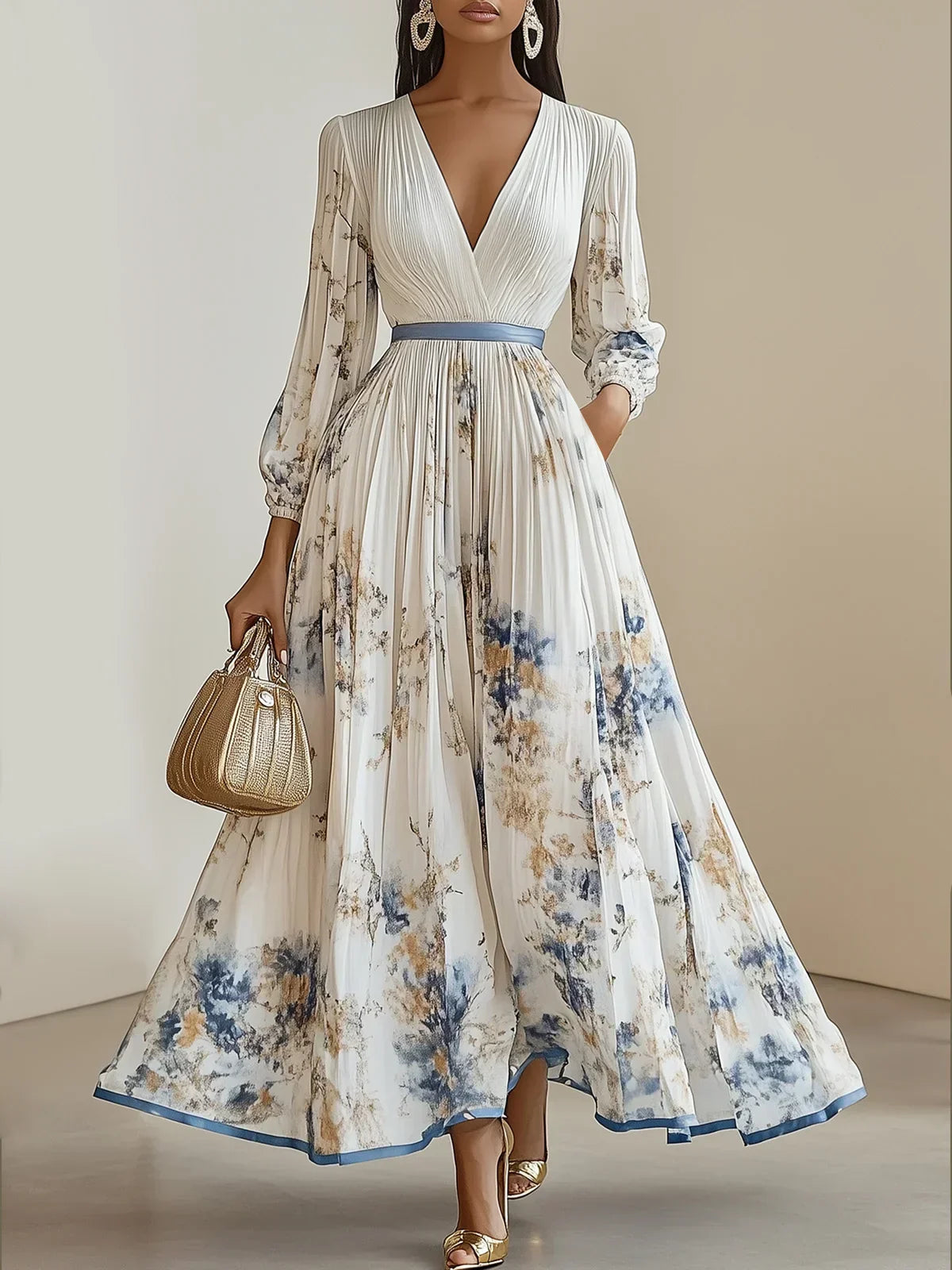 Watercolor Floral Pleated Maxi Dress with V-Neckline