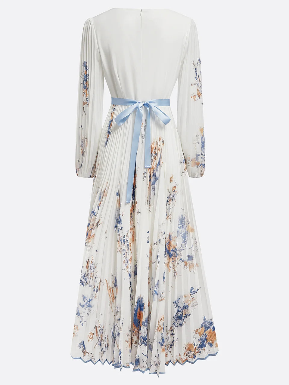 Watercolor Floral Pleated Maxi Dress with V-Neckline