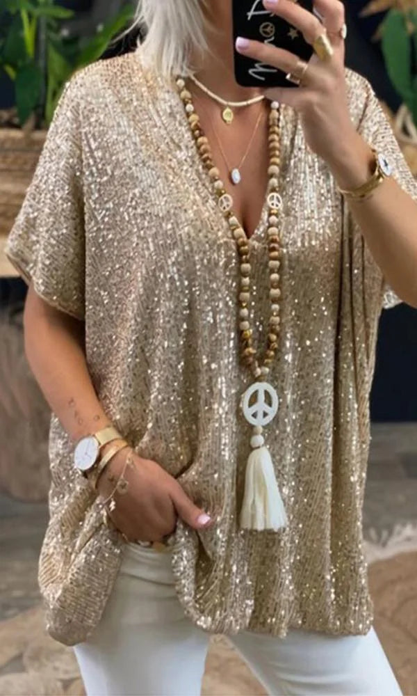 V-Neck Sequin Top with Elegant Design and Sparkling Detail