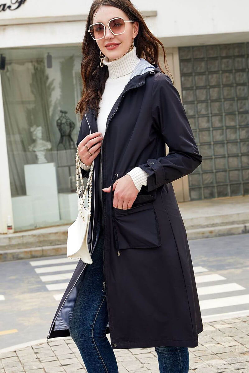 Long Hooded Coat with Pockets and Warm Fabric
