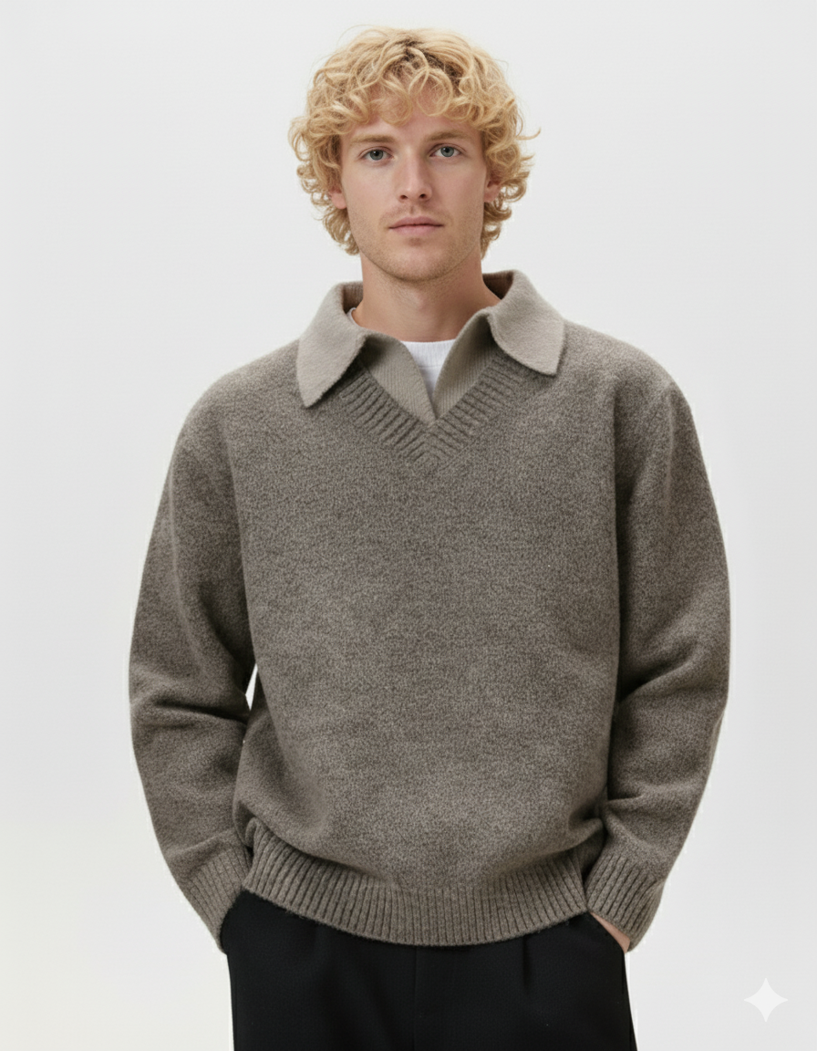 Men’s Wool-Blend Collar V-Neck Knit Sweater