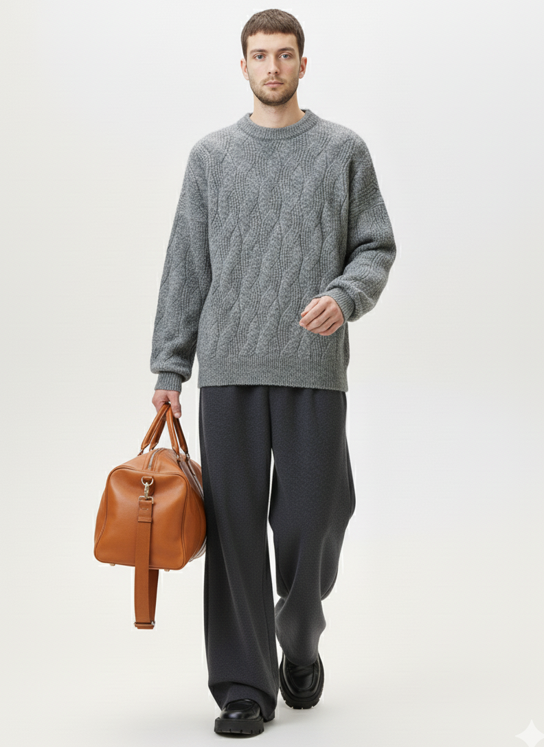 Men’s Oversized Cable-Knit Wool Blend Crewneck Sweater