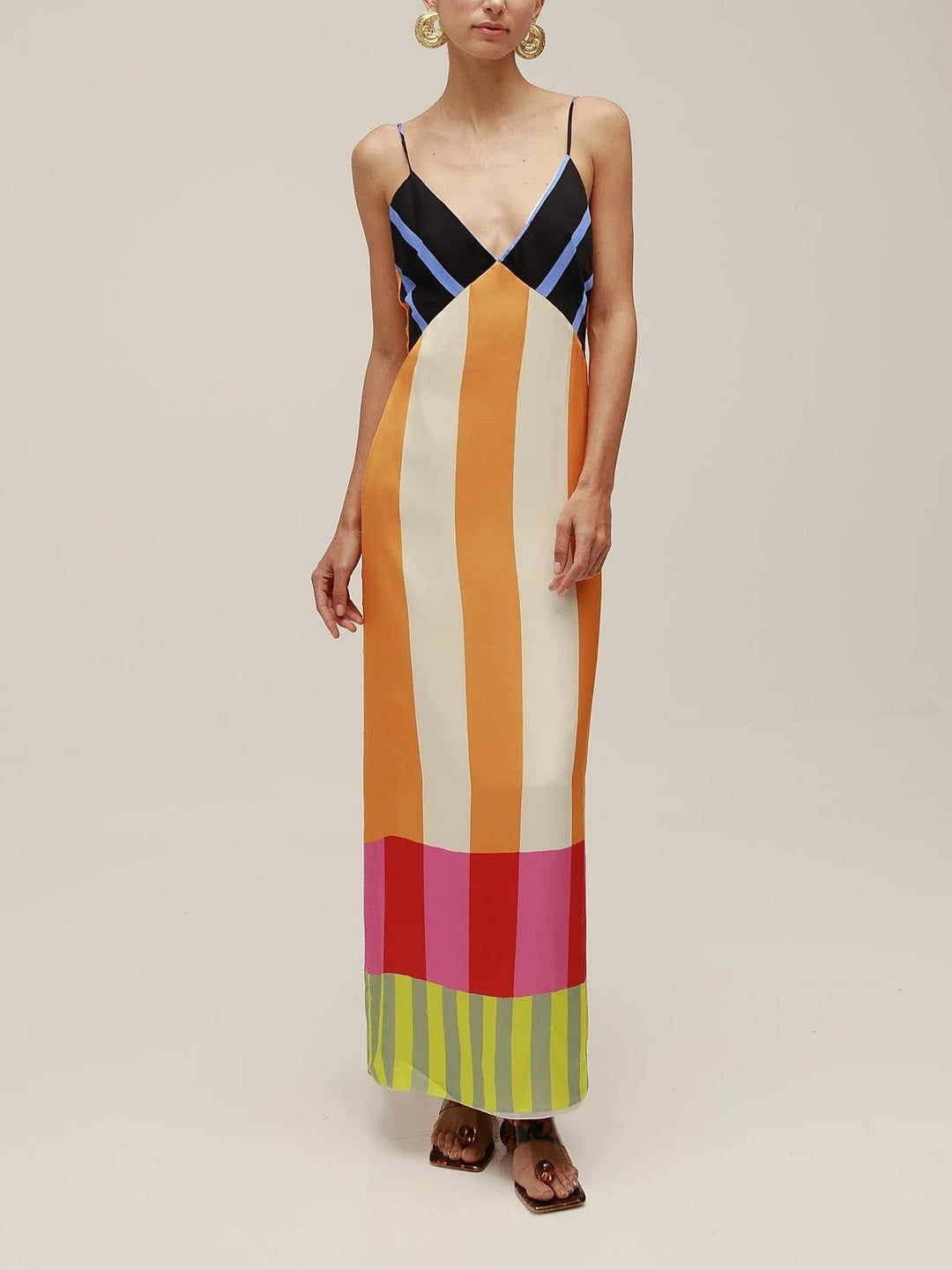 Color Block Long Dress with Thin Straps