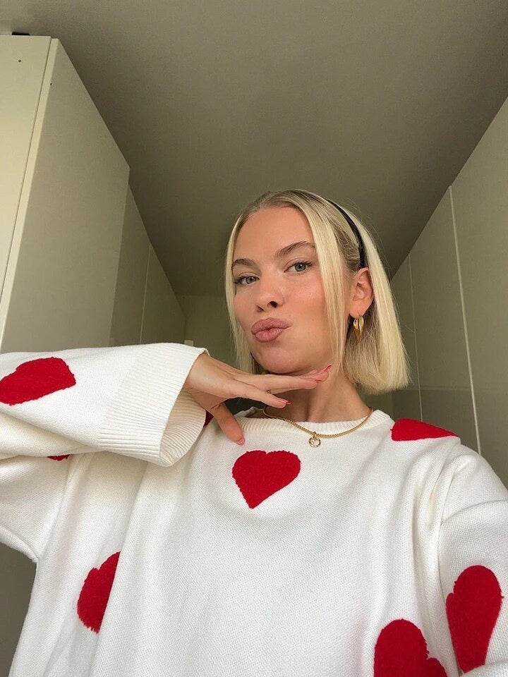 Embroidered Heart Knitted Sweater for Cozy Style