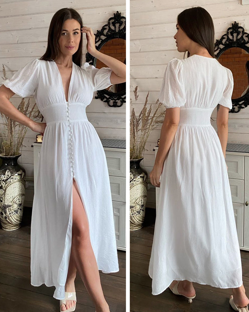 V-neck Clarice Dress with Front Slit for Elegant Style