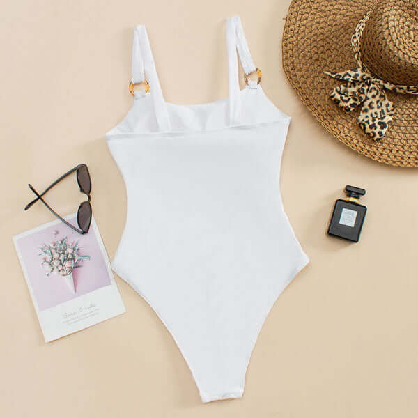 Straight Neck Swimsuit with Open Front and Decorative Rings