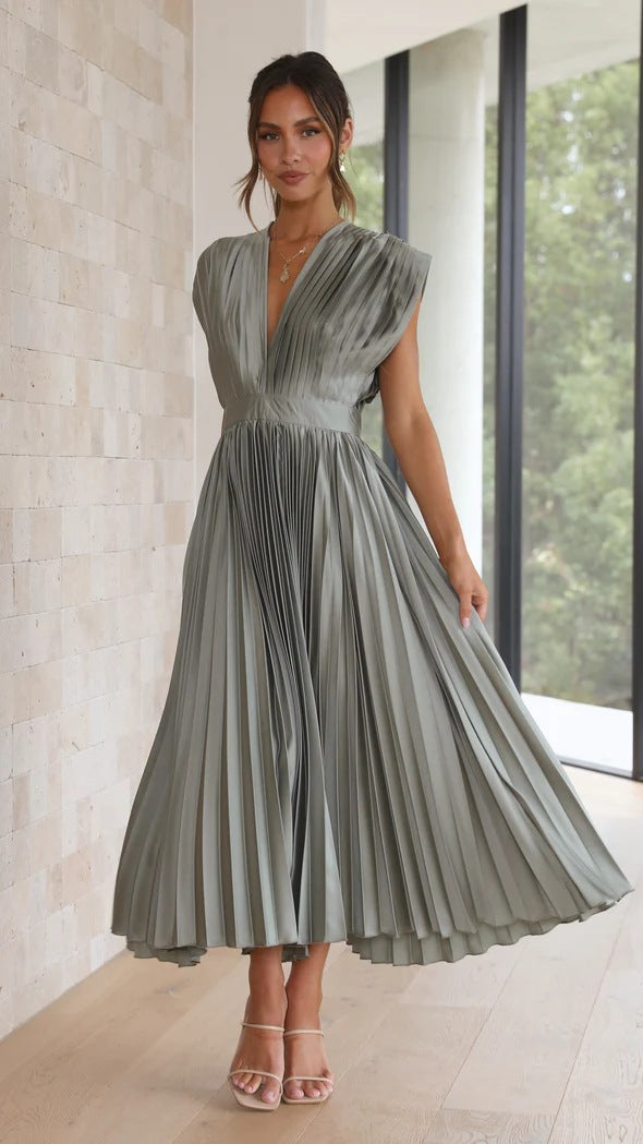 Deep V-Neck Long Dress with Back Bow Detail