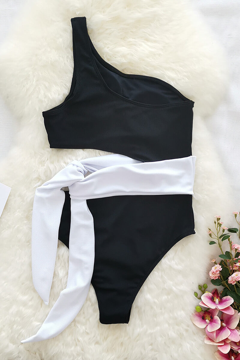 Bicolor One-Shoulder Swimsuit with Bow Detail