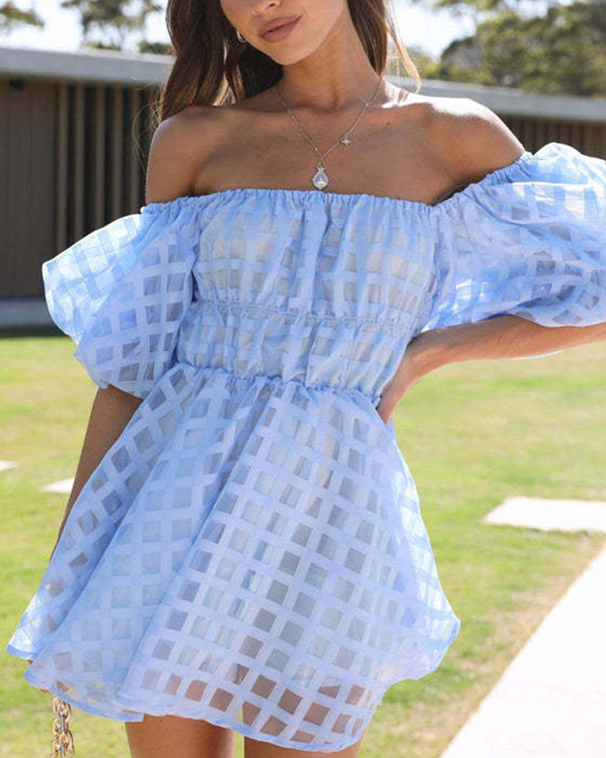 Puff Sleeve Mini Dress with Check Pattern