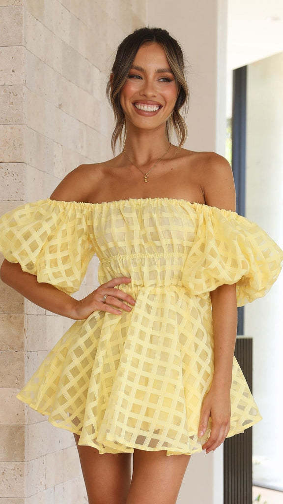 Puff Sleeve Mini Dress with Check Pattern