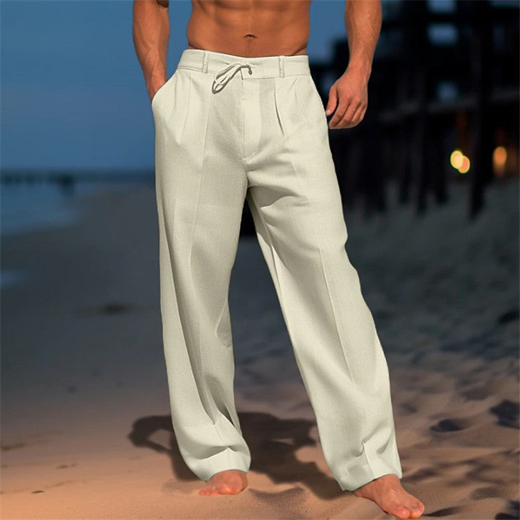 Men’s Relaxed Fit Linen Trousers with Drawstring Waist