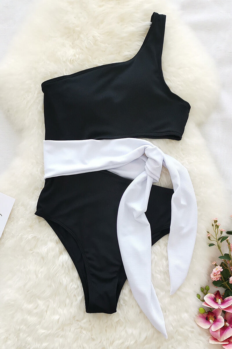 Bicolor One-Shoulder Swimsuit with Bow Detail