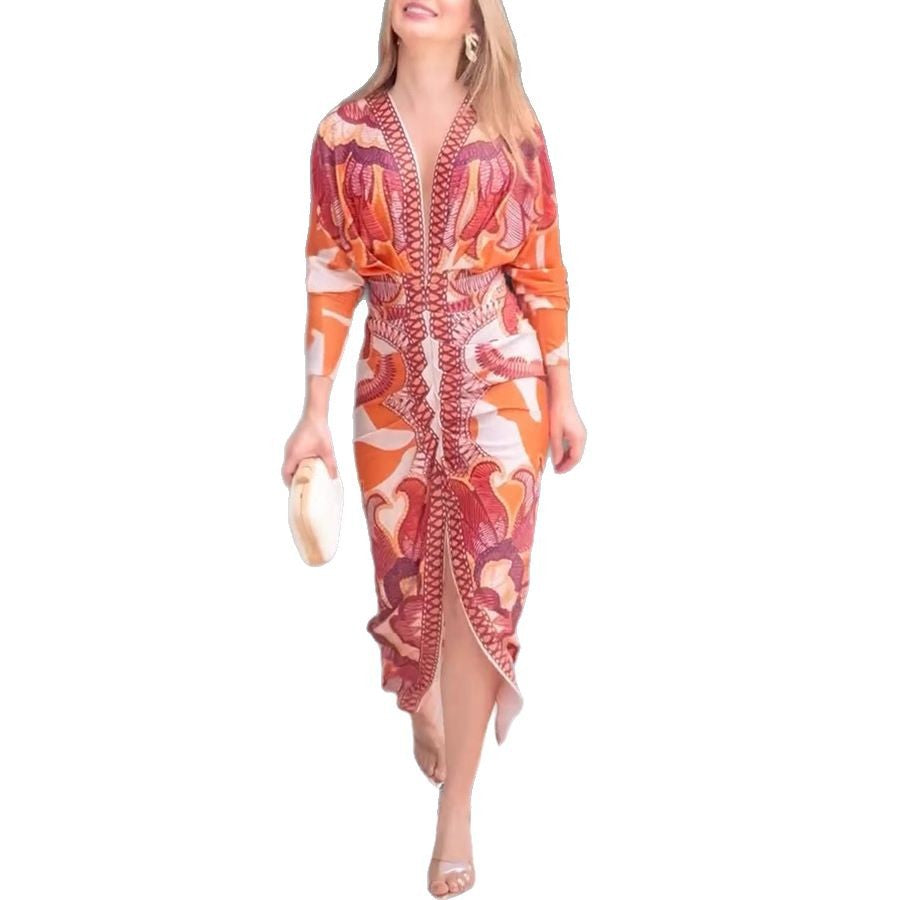 Ruched Midi Dress with Long Sleeves, Split Detail, and Print Design