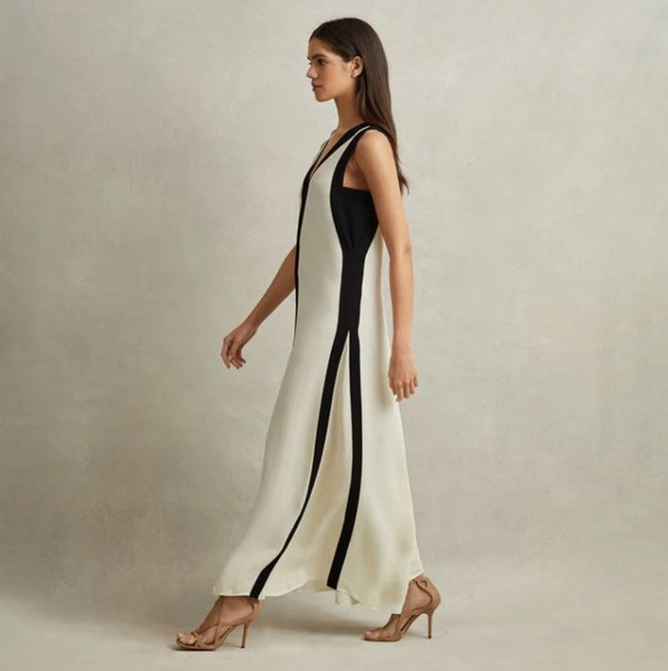 V-Neck Two-Tone Long Dress for Effortless Style