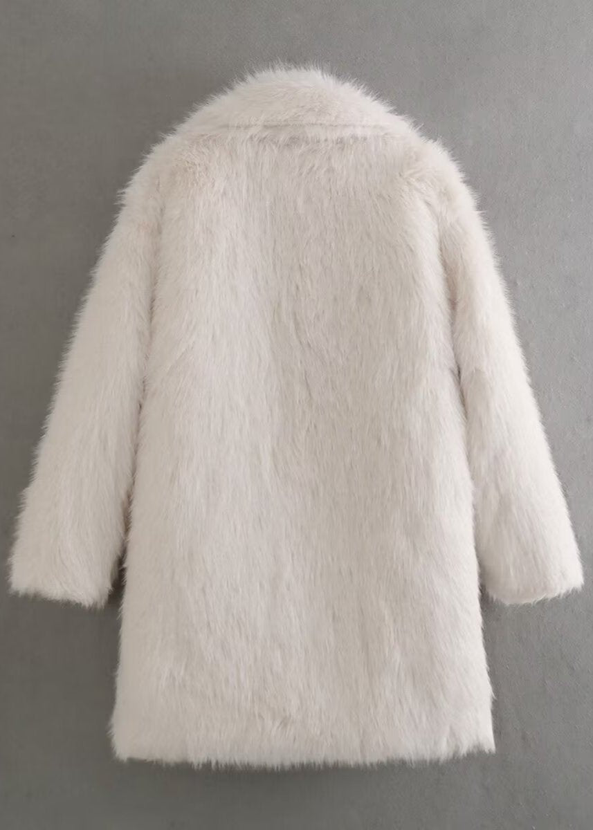 Women’s Off-White Faux-Fur Coat – Soft Warm Lined Winter Jacket