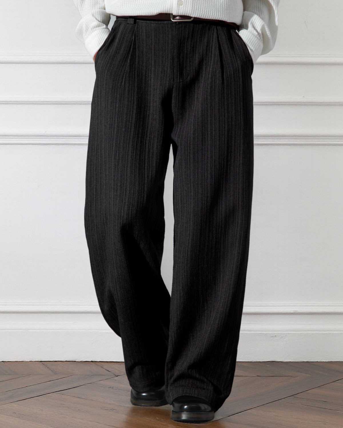 Men’s Draped Stripe Trousers – Loose Pleated Straight-Leg Fit