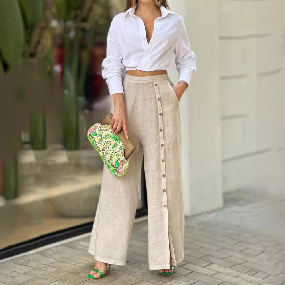 Cotton Lapel Shirt with Relaxed Fit Trousers Set