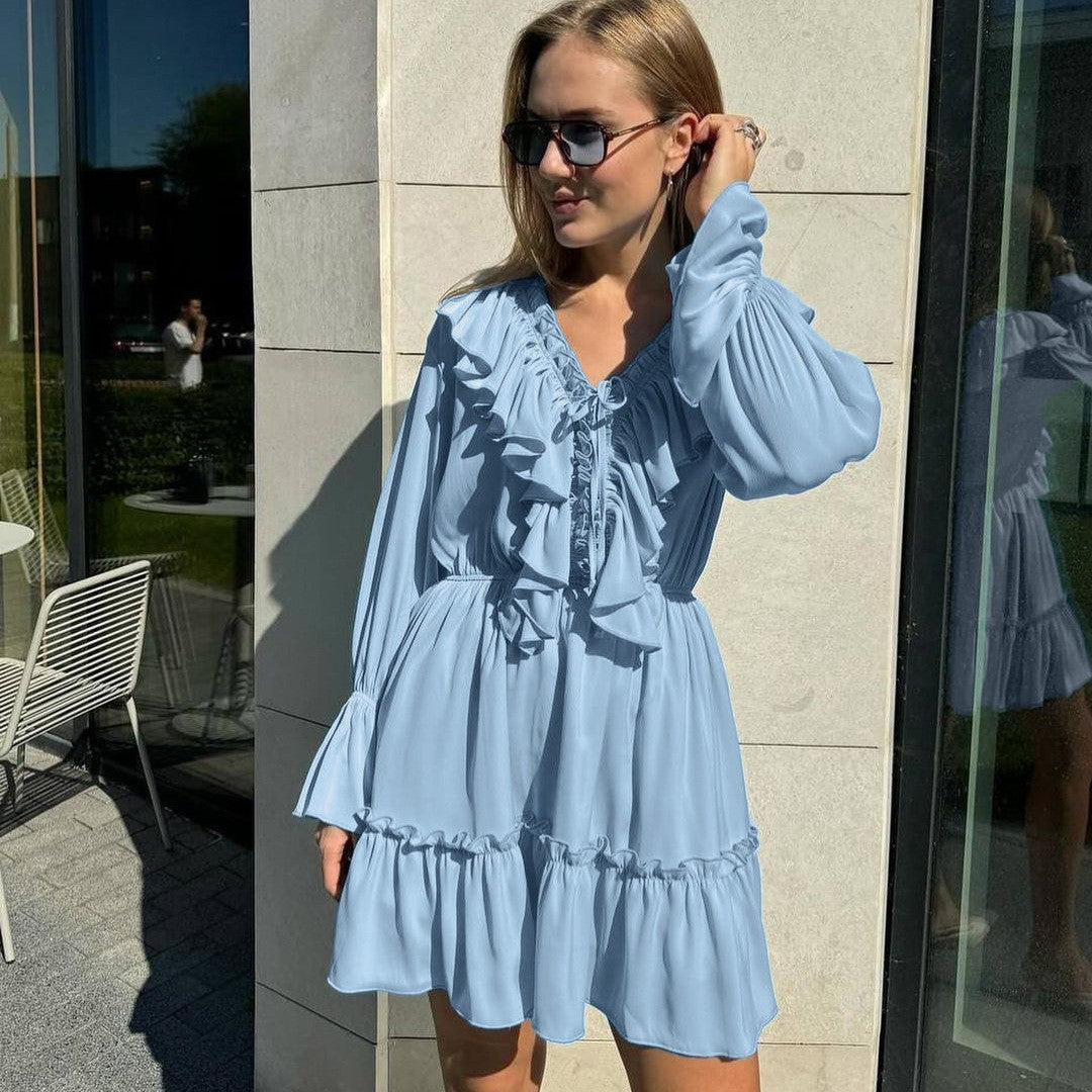 Elegant Mini Dress with Ruffles, V-Neck, and Long Sleeves
