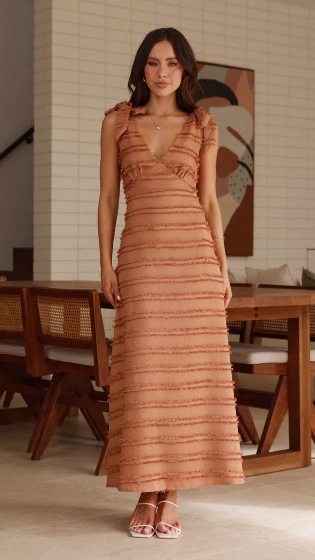 Ruffled Long Dress with Textured Fabric and Bow Straps