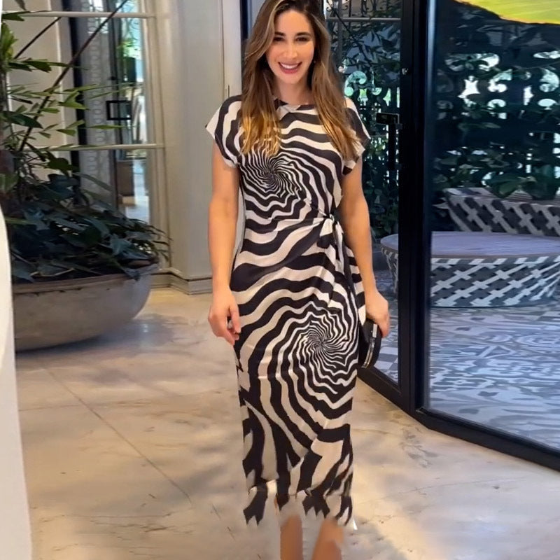 Optical Print Midi Dress with Straight Cut and Side Bow Detail