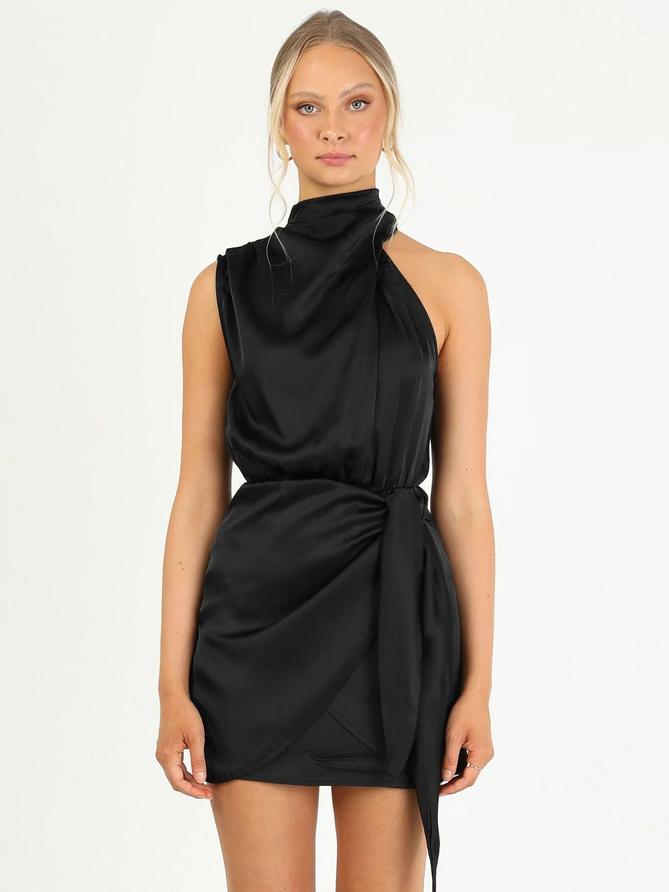 Satin Halter Neck Dress with Elegant Fit and Flowing Design
