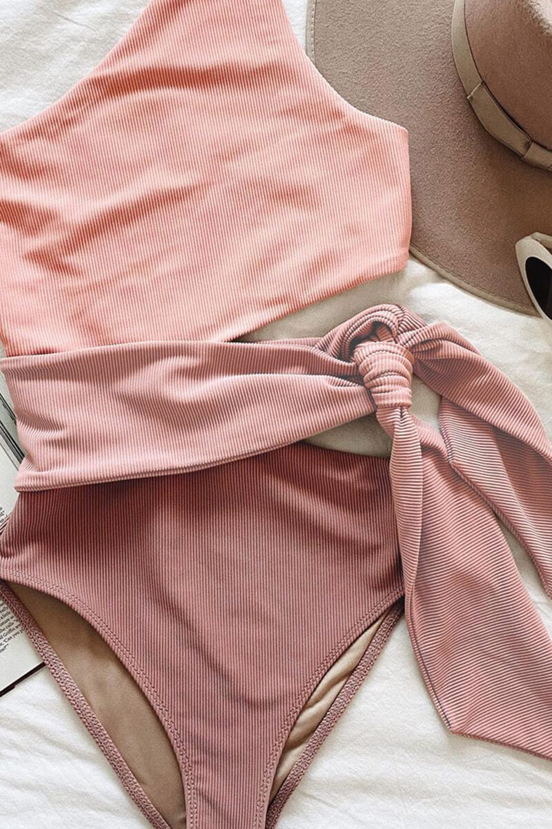 Bicolor One-Shoulder Swimsuit with Bow Detail