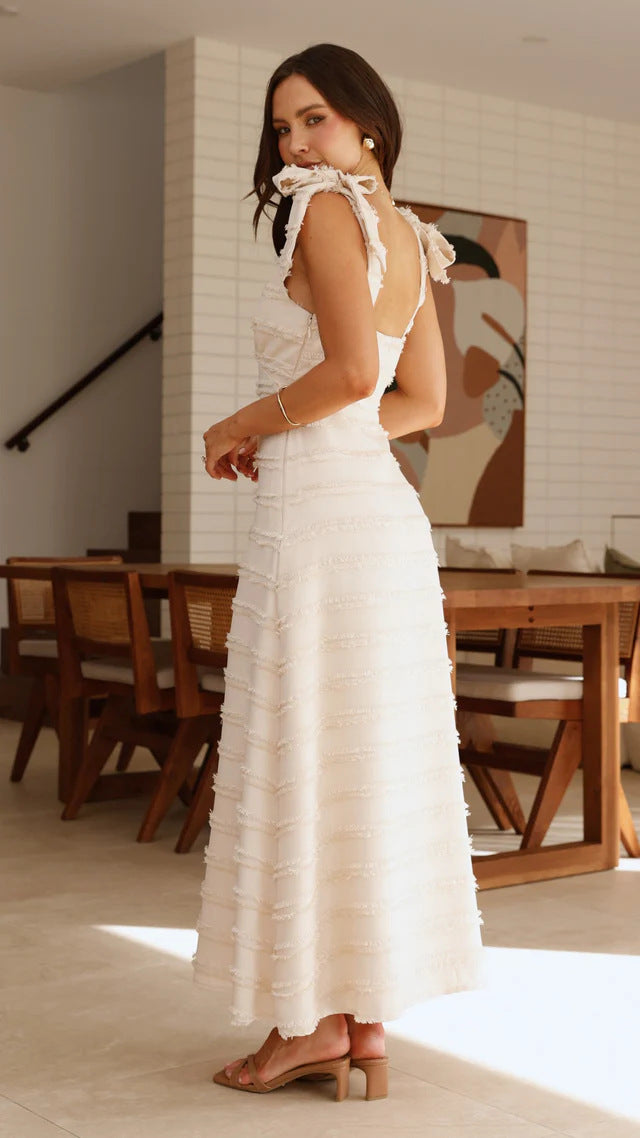 Ruffled Long Dress with Textured Fabric and Bow Straps