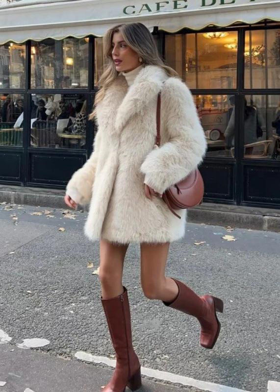 Women’s Off-White Faux-Fur Coat – Soft Warm Lined Winter Jacket