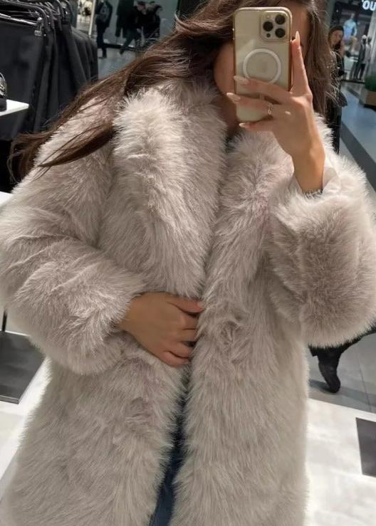 Women’s Off-White Faux-Fur Coat – Soft Warm Lined Winter Jacket