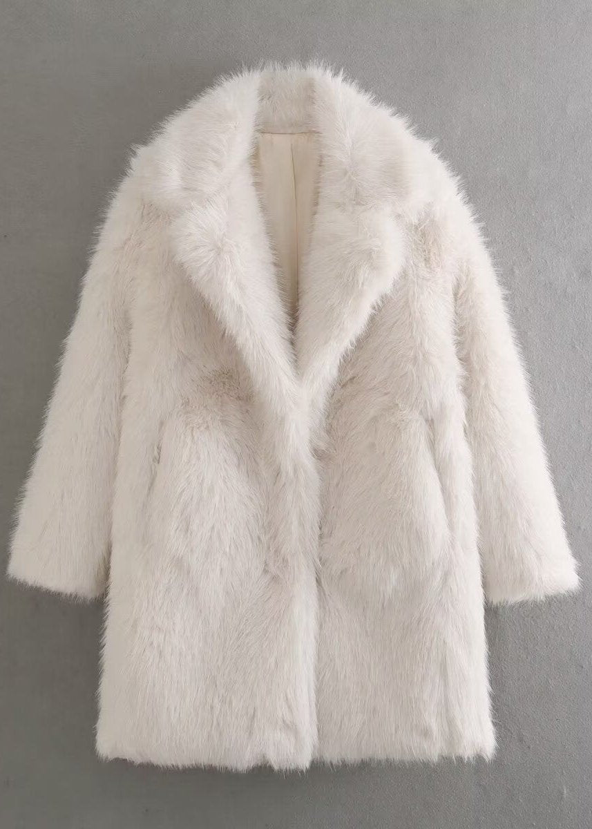 Women’s Off-White Faux-Fur Coat – Soft Warm Lined Winter Jacket